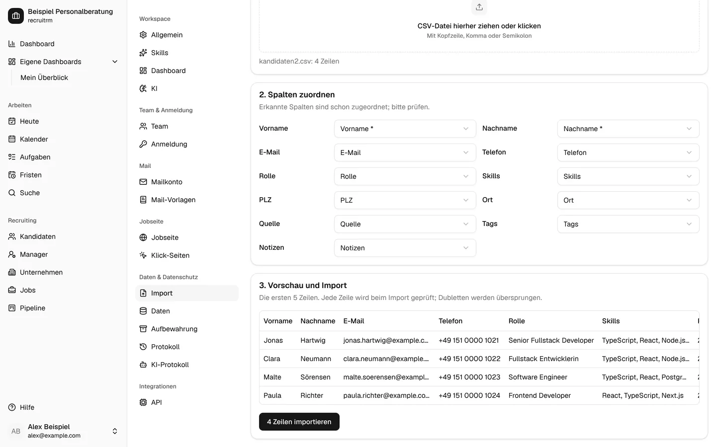 CSV-Import mit Zuordnung der Spalten (Testdaten)