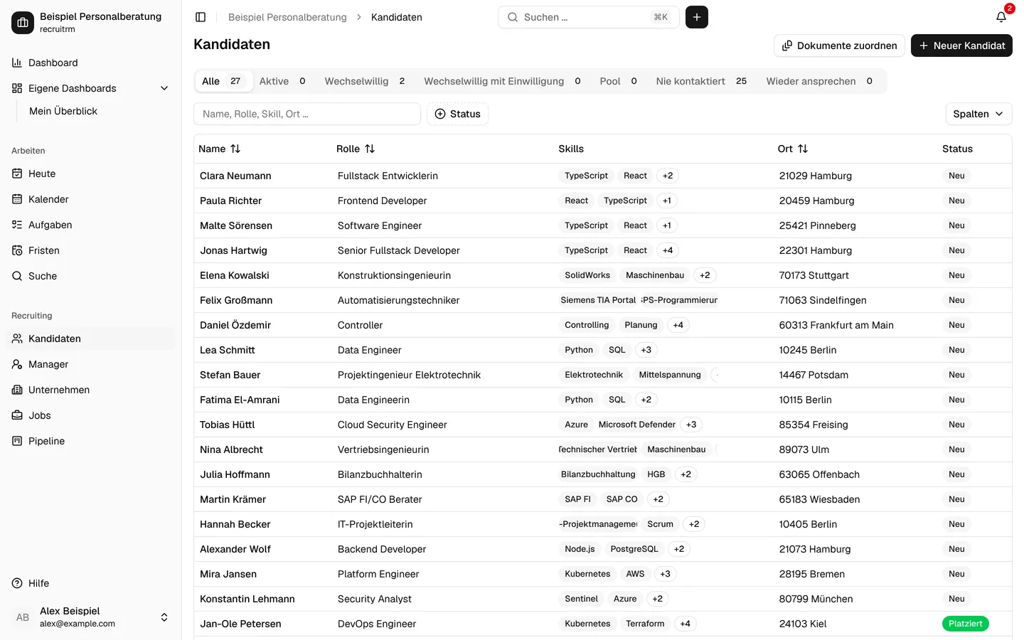 Kandidatenliste mit Filtern und Status (Testdaten)