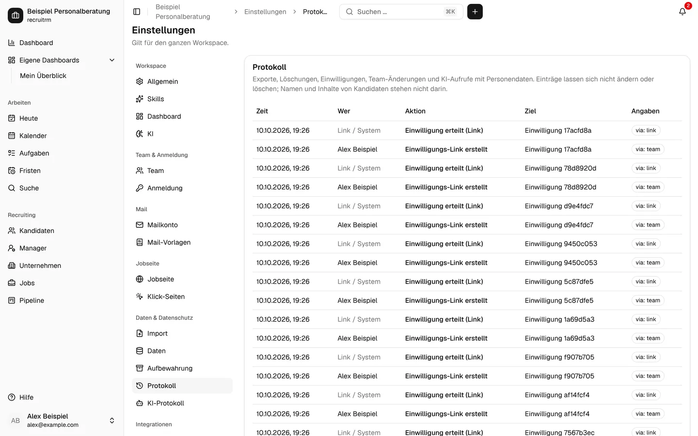 Protokoll mit Einwilligungen und Freigaben (Testdaten)