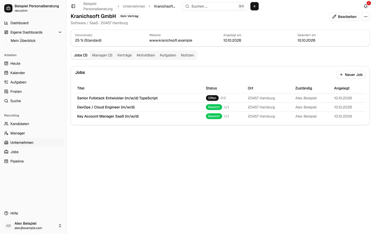 Unternehmensseite mit Jobs und Managern (Testdaten)